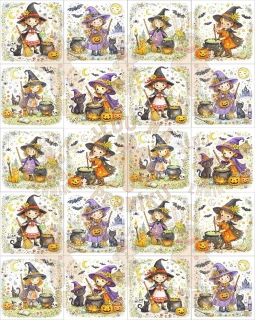 Fondánový list 20 čtverečků 51x51 mm - Malované čarodějnice s kotlíky
